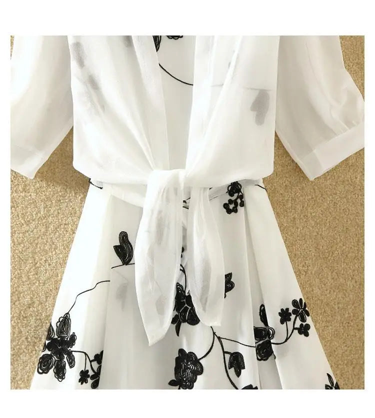 New Elegant Suit Two-piece Dress High Waist Sleeveless Slim A-line Skirt Floral Embroidery White Top Bow Belt Vintage  WOMEN