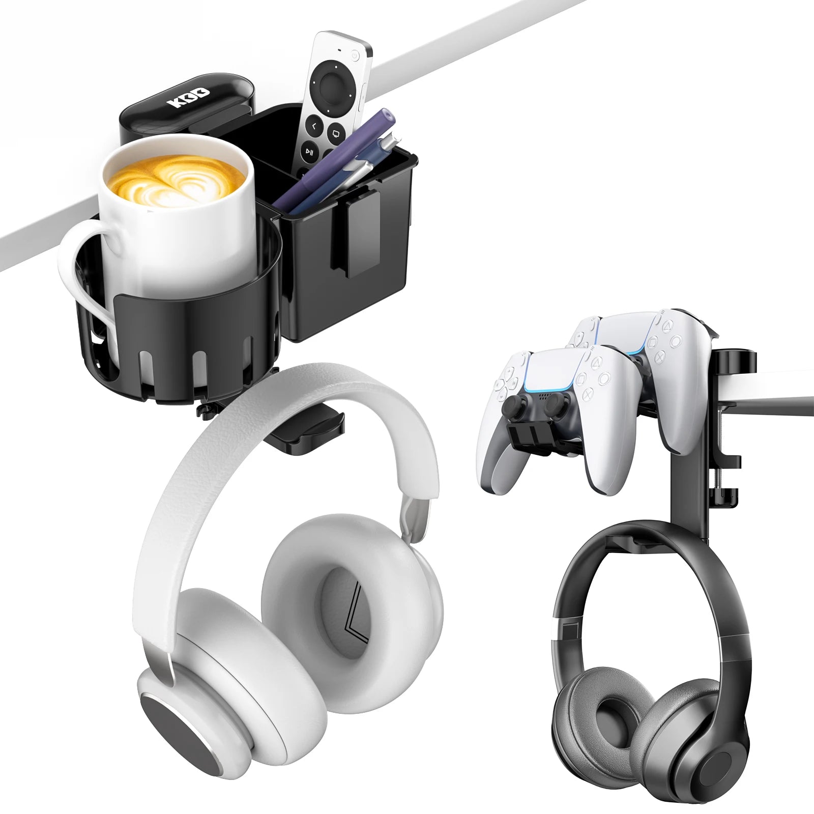 Desk Controller Holder 5 in 1 Rotating Headphone Hanger with Cup Holder Clamp On Desk Organizer Holds Controller Cup Cell Phone