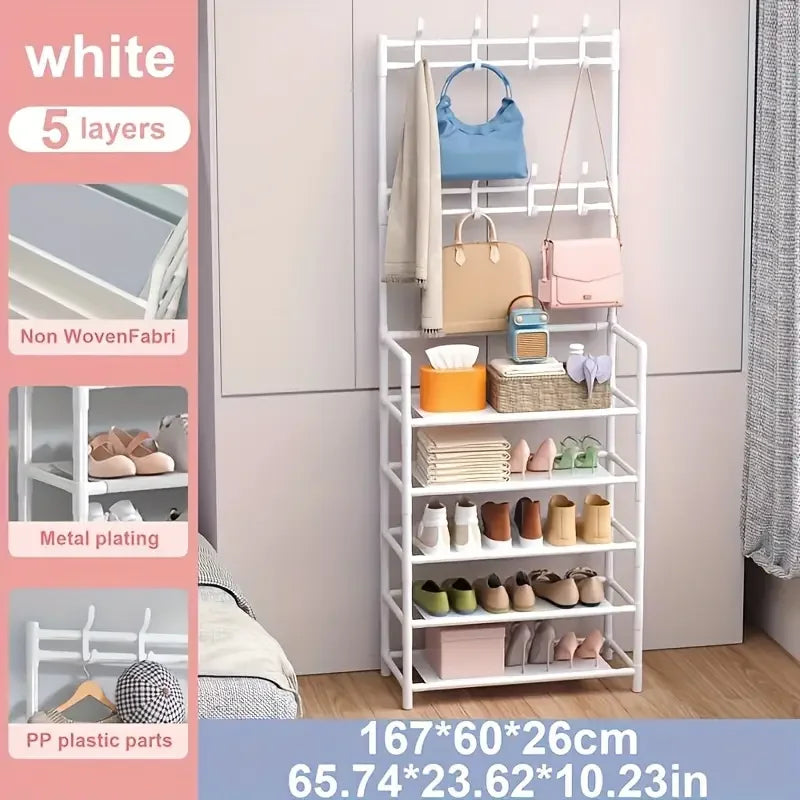 A clothes hanger and shoe rack at the entrance, used for storing shoes, clothes, jackets, hats, bags, umbrellas in the hallway