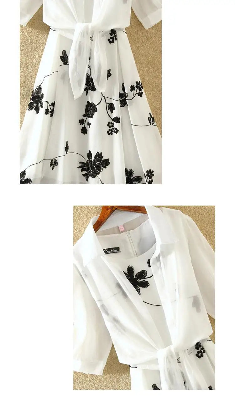 New Elegant Suit Two-piece Dress High Waist Sleeveless Slim A-line Skirt Floral Embroidery White Top Bow Belt Vintage  WOMEN