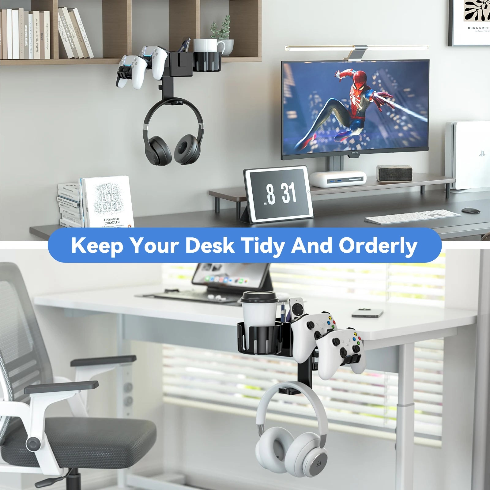 Desk Controller Holder 5 in 1 Rotating Headphone Hanger with Cup Holder Clamp On Desk Organizer Holds Controller Cup Cell Phone