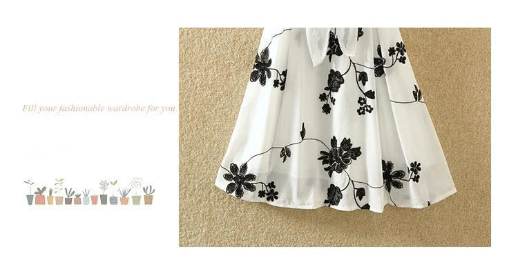 New Elegant Suit Two-piece Dress High Waist Sleeveless Slim A-line Skirt Floral Embroidery White Top Bow Belt Vintage  WOMEN