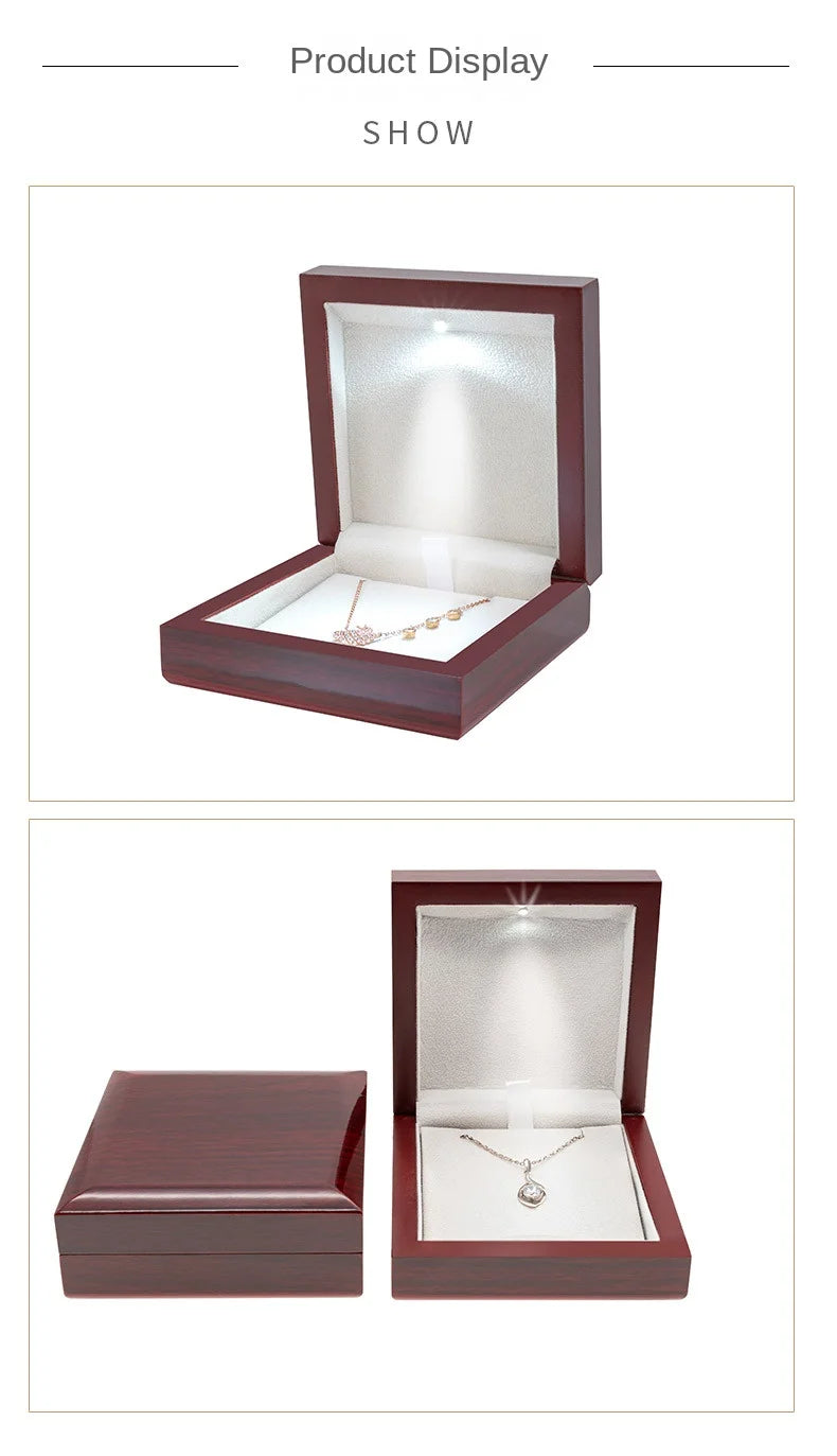 New Arrivals Wooden Wedding Ring Pendant Jewelry Box with LED Light Small Trinket Jewellery Gift Storage Display Case
