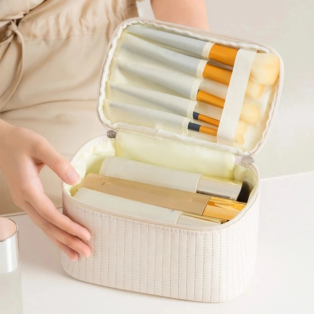Handheld Solid Color PU Leather Cosmetic Organization Storage Bag Portable Travel Toiletry Pouch for Women