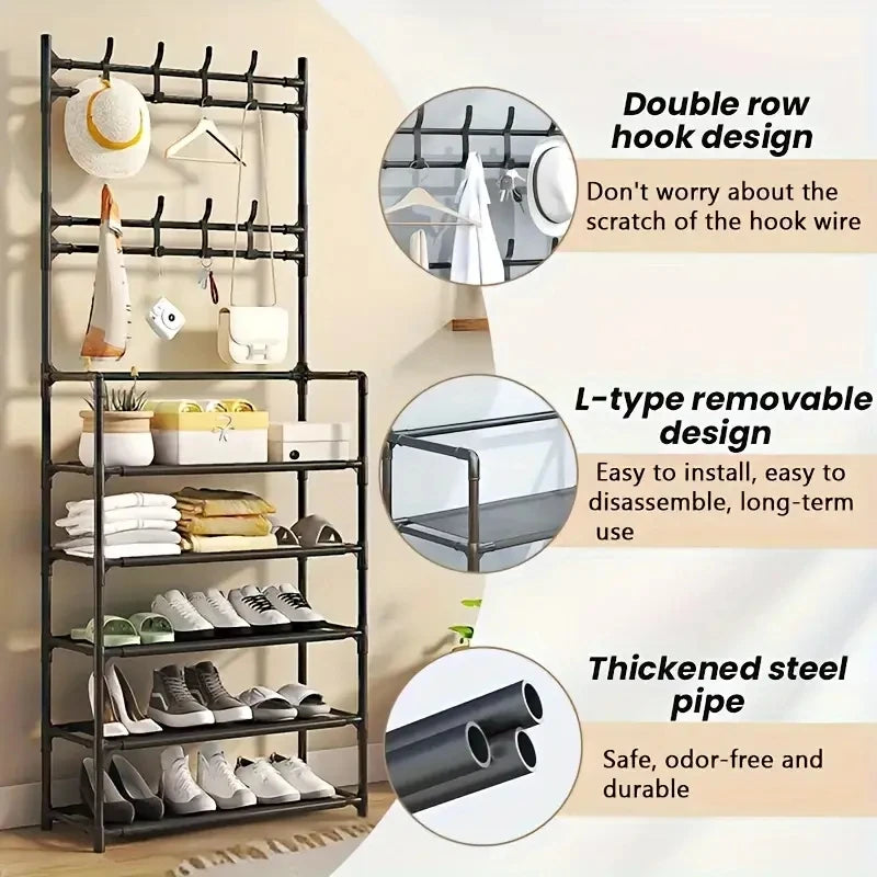 A clothes hanger and shoe rack at the entrance, used for storing shoes, clothes, jackets, hats, bags, umbrellas in the hallway