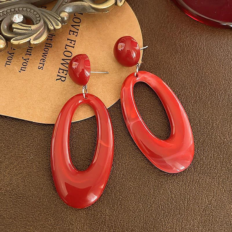 Vintage Red Resin Oval Long Pendant Earrings for Women 2026 New Trendy Hollow Geometric Dangle Earrings Fashion Jewelry