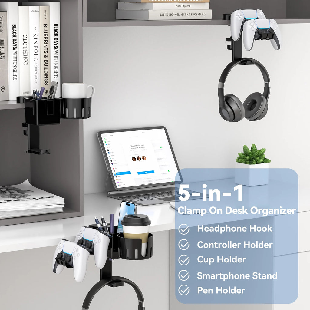 Desk Controller Holder 5 in 1 Rotating Headphone Hanger with Cup Holder Clamp On Desk Organizer Holds Controller Cup Cell Phone