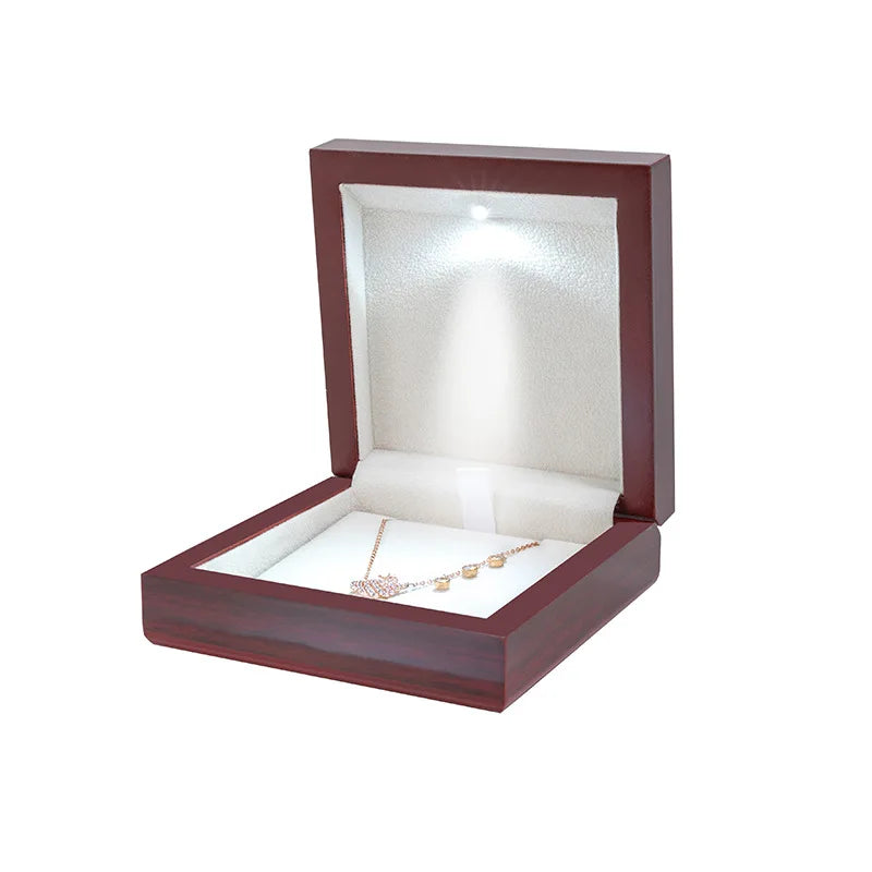 New Arrivals Wooden Wedding Ring Pendant Jewelry Box with LED Light Small Trinket Jewellery Gift Storage Display Case