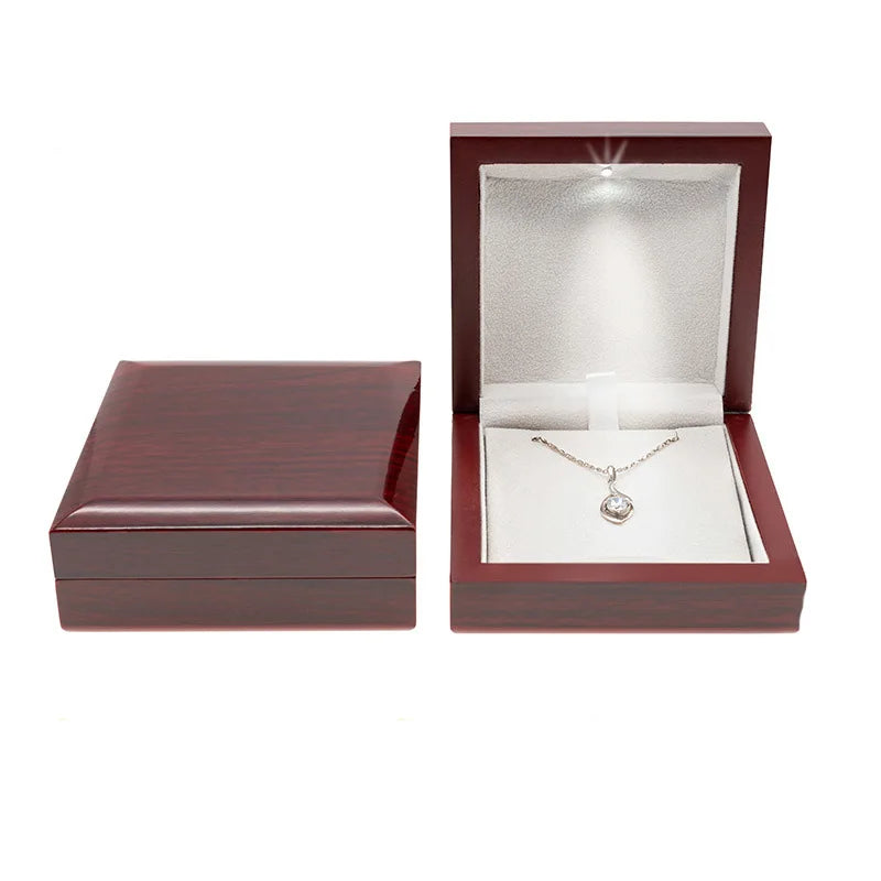 New Arrivals Wooden Wedding Ring Pendant Jewelry Box with LED Light Small Trinket Jewellery Gift Storage Display Case