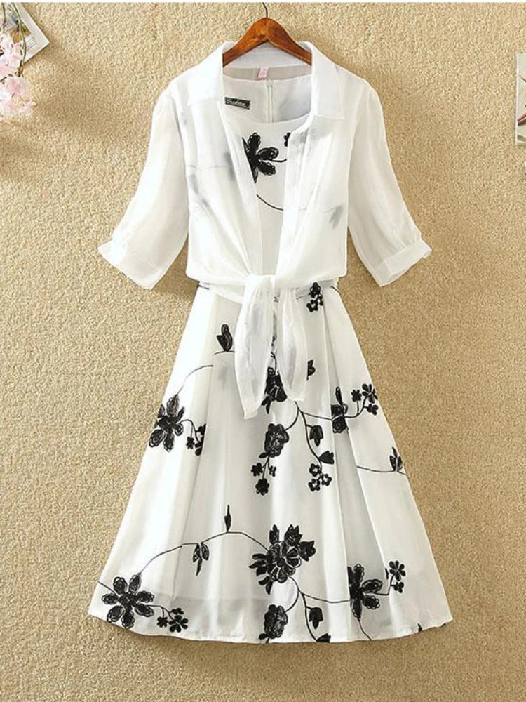 New Elegant Suit Two-piece Dress High Waist Sleeveless Slim A-line Skirt Floral Embroidery White Top Bow Belt Vintage  WOMEN